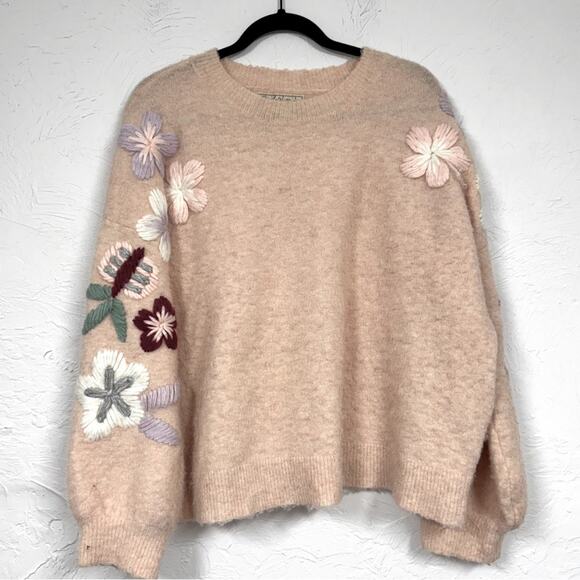 Boundless North Pink Fuzzy Floral Embroidered Crew Neck Sweater Womens L Grandma - Picture 1 of 11